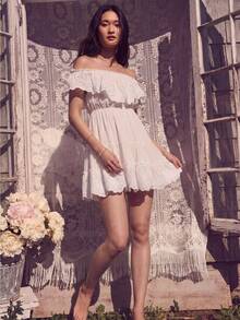Willow Rêve Women's White Embroidered Ruffle Trim Bandeau Mini Dress, Romantic Cottage Core Vacation Style, Boho, Valentine's Day, Elegant Short, Summer Dresses - White - View 1