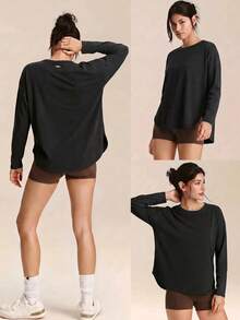 GLOWMODE Katun Pima Cuci Vintage, Lembut, Elastis, Potongan Longgar, Panjang Hingga Pinggul, Lengan Panjang dengan Belahan Samping, Pakaian Kasual Sehari-hari - Hitam - View 8