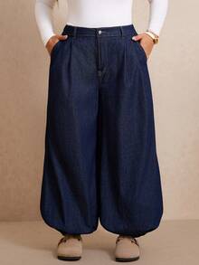 Slaydiva Plus Size Women's High Waist Loose Casual Lantern Denim Jeans - Blue - View 4