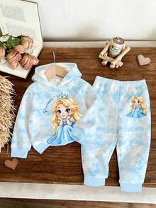 SHEIN 1套公主風女嬰連帽套裝，藍白紮染滿版印花底色，搭配金色髮冠公主卡通印花連帽衛衣，同布料同圖案收口運動長褲，適合外出、購物與日常穿著，春秋冬季適用 - 彩色 - 查看 4