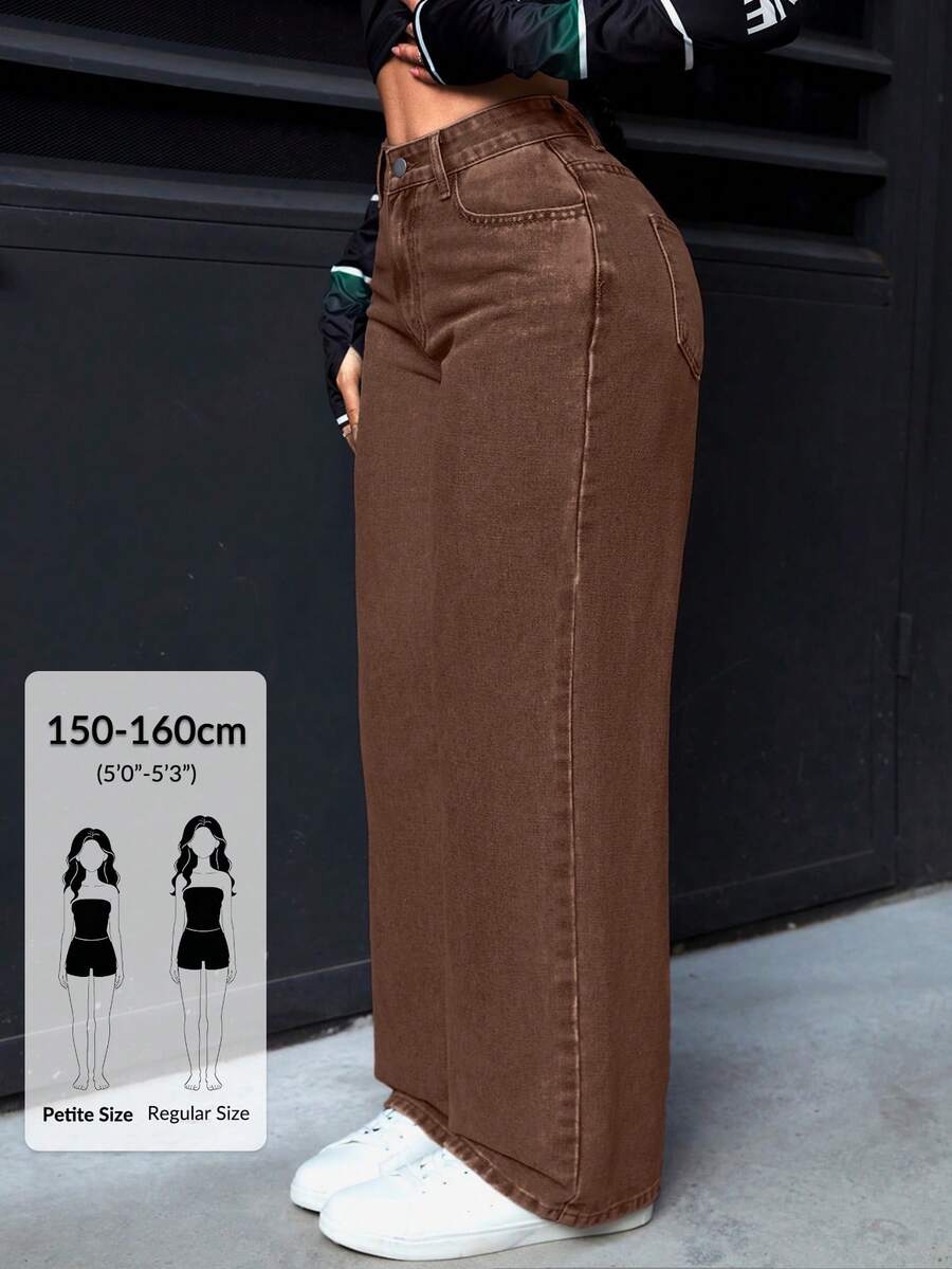 SHEIN PETITE 女款休閒水洗高腰直筒牛仔褲,適合嬌小女性 - 咖啡棕 - 查看 1