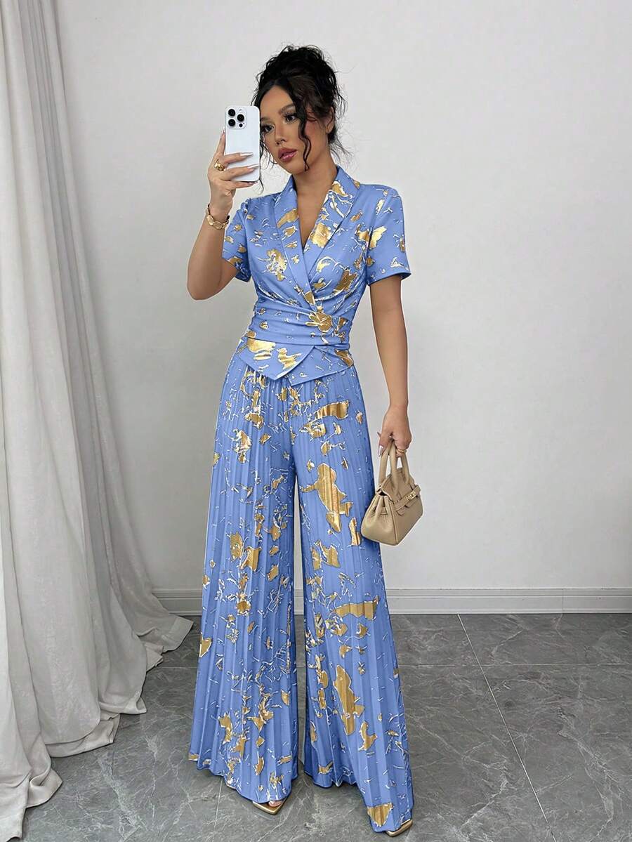 Elenzga 萬聖節女款兩件套服裝,藍金箔面料交叉裹身上衣搭配百褶寬腿褲,派對雞尾酒會夏季優雅穿搭 - 藍色 - 查看 1