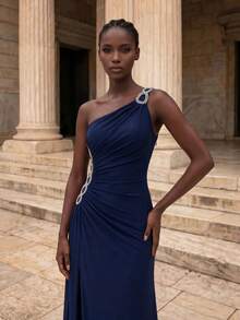 Coutiva Rhinestone Decor Elegant One Shoulder High Slit Bridesmaid Dress - Royal Blue - View 4