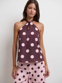 Nöista Setelan Atasan Halter Polkadot dan Celana Panjang Lebar dengan Desain yang Serasi. Sempurna untuk Liburan, Pesta, Liburan di Resor, dan Gaya yang Menonjol. - Berwarna merah muda - View 3