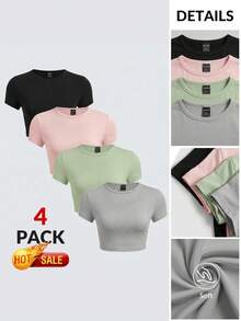 SHEIN BASICS 4件組休閒素色針織圓領短袖修身短版女款T恤夏季上衣 - 彩色 - 查看 3