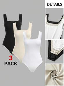 SHEIN BASICS 3pcs/Set Body de punto de unicolor con hombros abiertos casual para mujer, ropa de verano - Multicolor - Ver 5