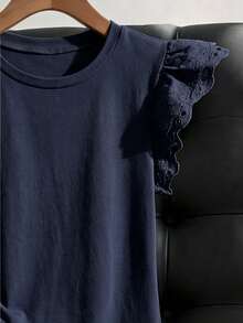 Franclia Women's Solid Color Round Neck Hollow Embroidery Ruffle Sleeve Casual T-Shirt - Navy Blue - View 4