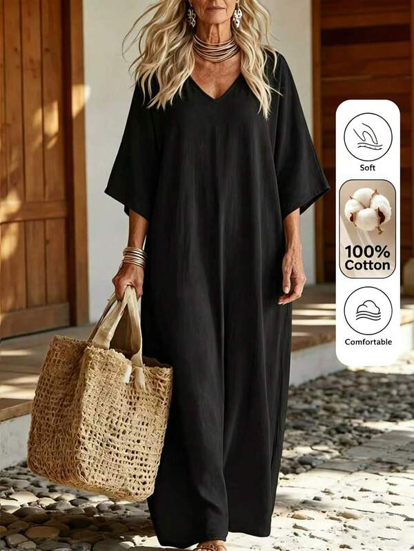 Zayélia Washed Black V-Neck Loose Cotton Linen Dress, Slouchy Batwing Sleeve Long Dress, Vacation Style Slimming Casual Dress