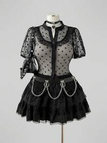 Sunspun Plus Size Spring/Summer Lace Polka Dot Hollow Out Sheer Blouse - Black - View 1