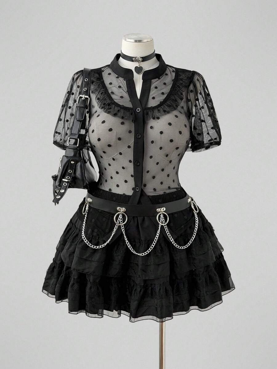 Sunspun Plus Size Spring/Summer Lace Polka Dot Hollow Out Sheer Blouse - Black - View 1
