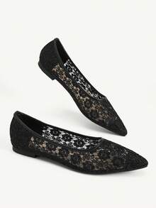 CUCCOO CHICEST Flower Lace Pointed Flats, Gentle Style Commuting Dating Breathable Low Vamp Shoes Fall Shoes - Black - View 4