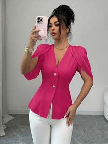 SHEIN Elenzya Women's Elegant Romantic Tailored Blazer With V-Neck, Pleated And Cinched Waist - Hot Pink - View 6