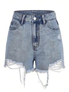 EMERY ROSE Women's Light Blue Bow Embroidery Distressed Raw Hem Non-Stretch Denim Shorts Vacation Summer Cute - Light Wash - View 4