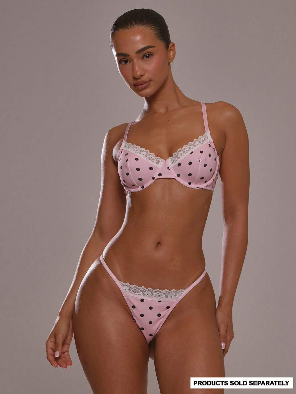 Pink Polka Dot Lace Trim Edge Thong