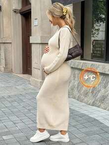 SHEIN Maternity Solid Color Casual Daily Knit Dress Winter - Apricot - View 2