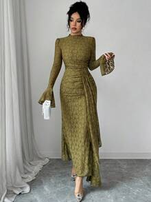 Modelyn French Design Lace Semi-High Neck Ribbon Cinched Waist Ruched Women's Dress - Olive Green - View 3