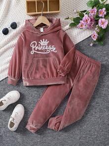 SHEIN Elladie kids 女童休閒運動舒適長袖連帽兩件套，秋季 - 藕粉色 - 查看 1