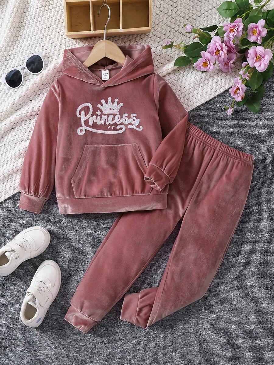 SHEIN Elladie kids 女童休閒運動舒適長袖連帽兩件套,秋季 - 藕粉色 - 查看 1