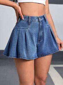 SHEIN PETITE Women's High Waist Pleated Casual Loose Denim Shorts ,Petite Women - Blue - View 6