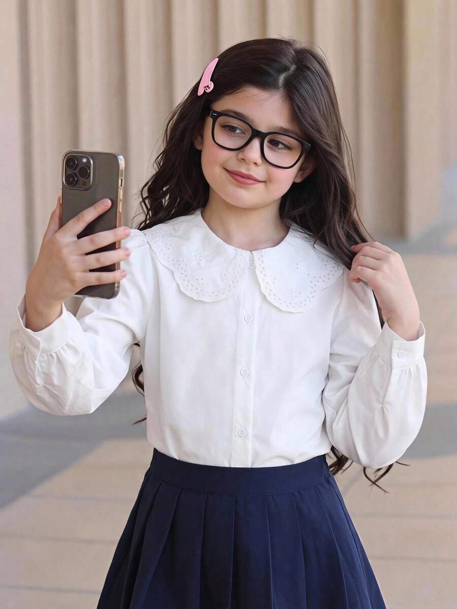 SHEIN Tween女孩白色梭織純色長袖襯衫,休閒返校穿搭 - 白色 - 查看 1
