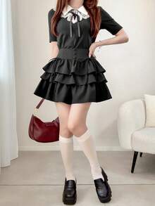 FRIFUL Rok Ruffle Berlapis Pinggang Tinggi Wanita yang Mempesona, Atasan Lucu Serbaguna - Hitam - View 9