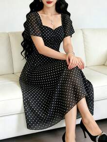 Modelyn Polka Dot Print Fashion Square Neck Pleated Flutter Sleeve Design Women's Minimalist Midi Dress, Summer Waist-Defining Long Elegant Dress, Black Polka Dot Pattern White Chiffon Skirt, Suitable For Summer Vacation, Daily Wear - Multicolor - View 1