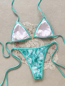 Swim Vcay 女款夏季海灘花卉刺繡圖案掛脖綁帶性感比基尼三角褲兩件式泳衣套裝 - 淺藍色 - 查看 2