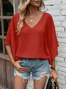 EMERY ROSE Solid Color V-Neck Loose Casual Holiday Short Sleeve Shirt Vacation Rust Summer - Red - View 4