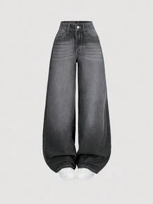 SHEIN ICON 女士休闲前扣口袋宽松牛仔裤 - 灰色 - 查看 3