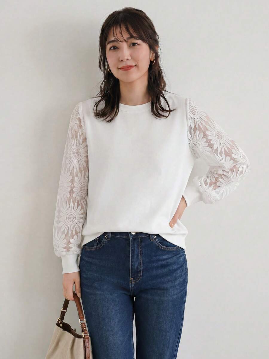 Yumoku 女款白色圓領蕾絲拼接休閒襯衫 - 白色 - 查看 1