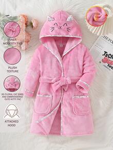 SHEIN Jubah Mandi/Pakaian Santai Anak Perempuan Motif Kelinci Lucu Bordir Bunga Merah Muda Flanel Musim Gugur Musim Dingin Kasual Gaya Putri Peri Pakaian Tidur Lembut dan Nyaman - Coral Pink - View 4