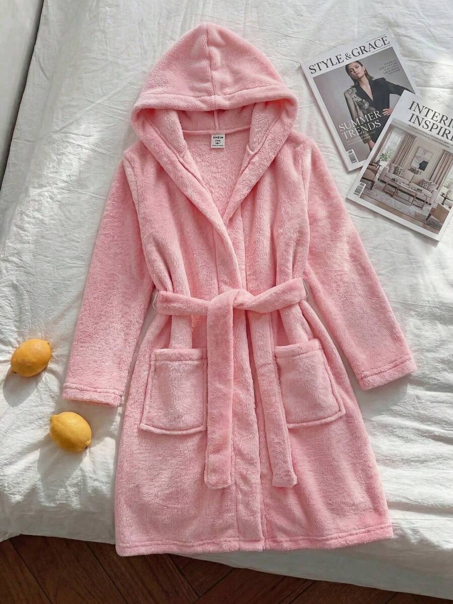 Tween Girls Plush Belted Robe Loungewear, Autumn/Winter Hooded Bathrobe Fuzzy Robe Girls Bathrobe Fall - Pink - View 1