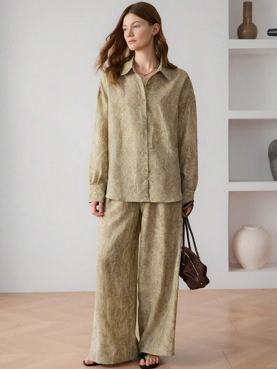Summer Autumn Women's 2pcs Set: Loose Fit Short Sleeve Button-Up Printed Fabric Shirt With Wide Leg Long Pants In Khaki