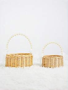 1/2PCS Handmade Pearl Beaded Princess Flower Basket Rattan Woven Storage Basket Handheld Bouquet Basket Handcrafted Home Wedding Party Decor Gift For Her Valentine Birthday - Multicolor - View 10