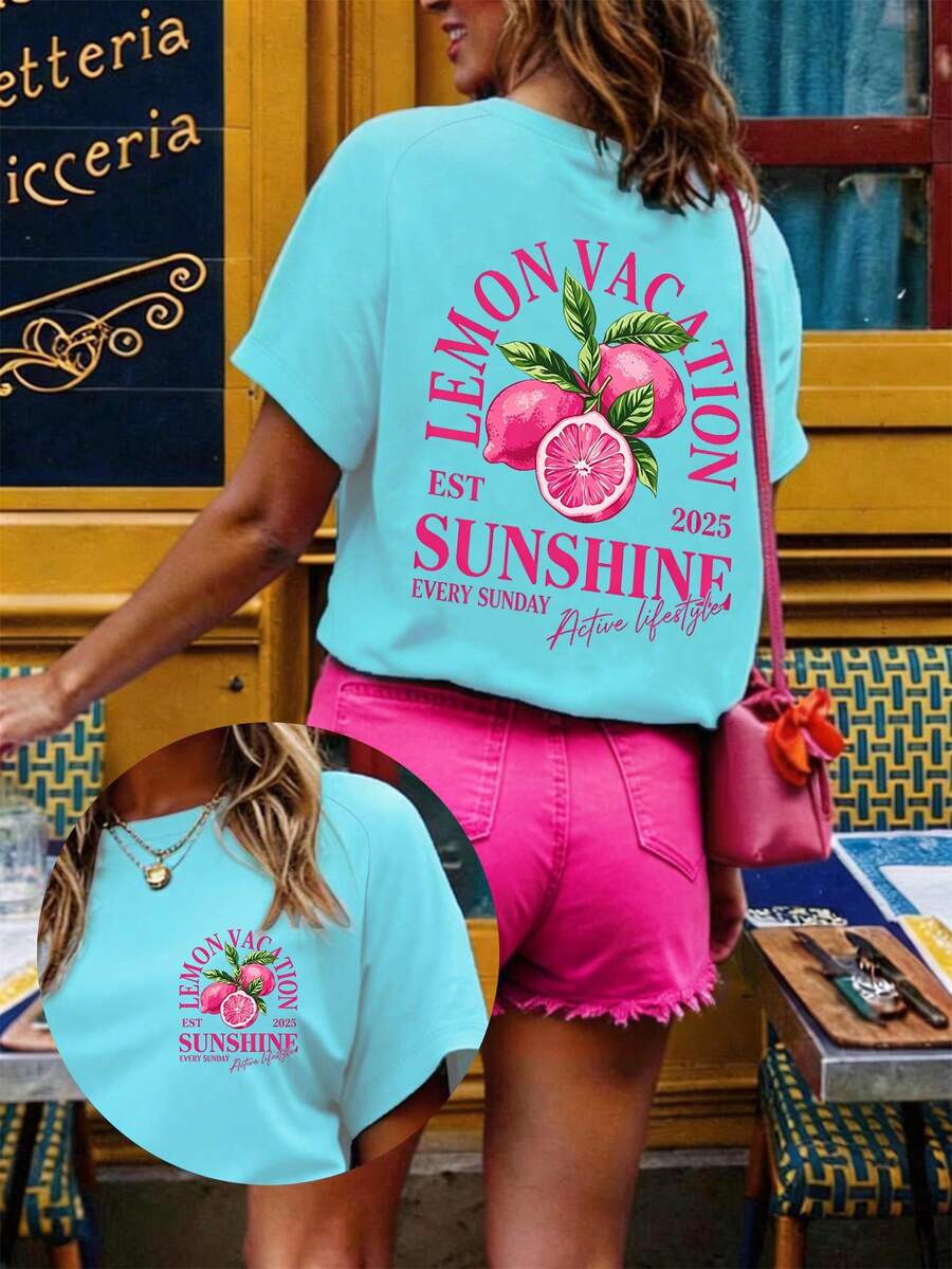 SHEIN CURVE+ Kaos Kasual Lengan Pendek Leher Bulat Motif Buah Huruf untuk Wanita Ukuran Besar - Baby Blue - View 1