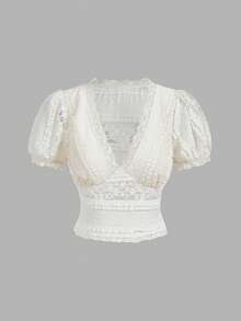 Skyraze Women's Contrast Lace V-Neck Short Petal Sleeve T-Shirt Vacation Cream White Summer Fairycore - Apricot - View 2