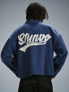 STYNVO 男士字母條紋落肩長袖休閒襯衫 - 藍色 - 查看 3