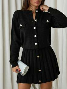 EURMUSE Women Solid Color Front Button Cardigan Pleated Sweater Skirt Set Office Tea Party Black Winter Elegant French - Black - View 4