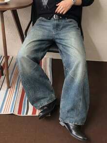 DAZY Celana Jeans Denim Biru Tua Vintage Pria, Musim Gugur - Biru - View 5