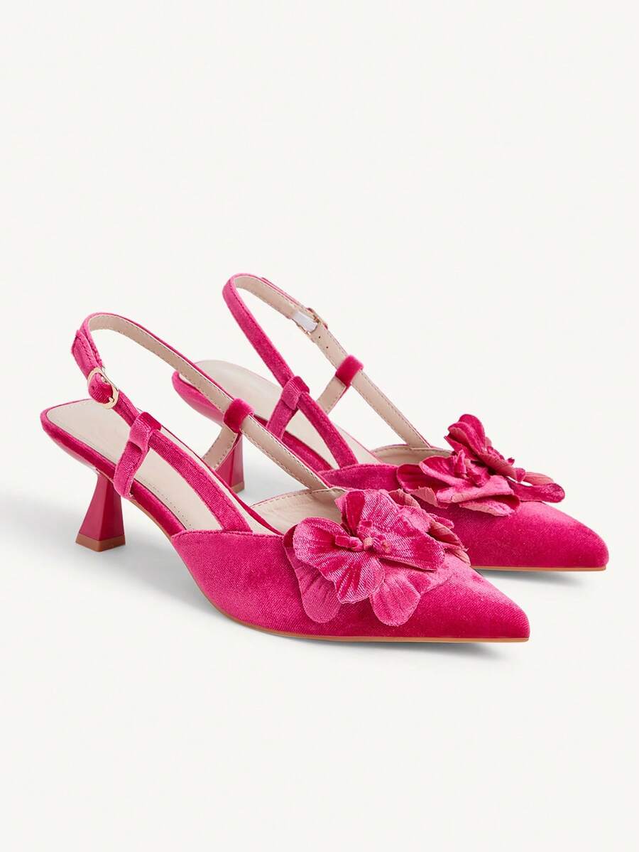 CUCCOO CHICEST 女款淺玫瑰粉色 3D 花朵尖頭後扣高跟單鞋,優雅適合約會、晚宴、婚禮 - 淺玫紅色 - 查看 1