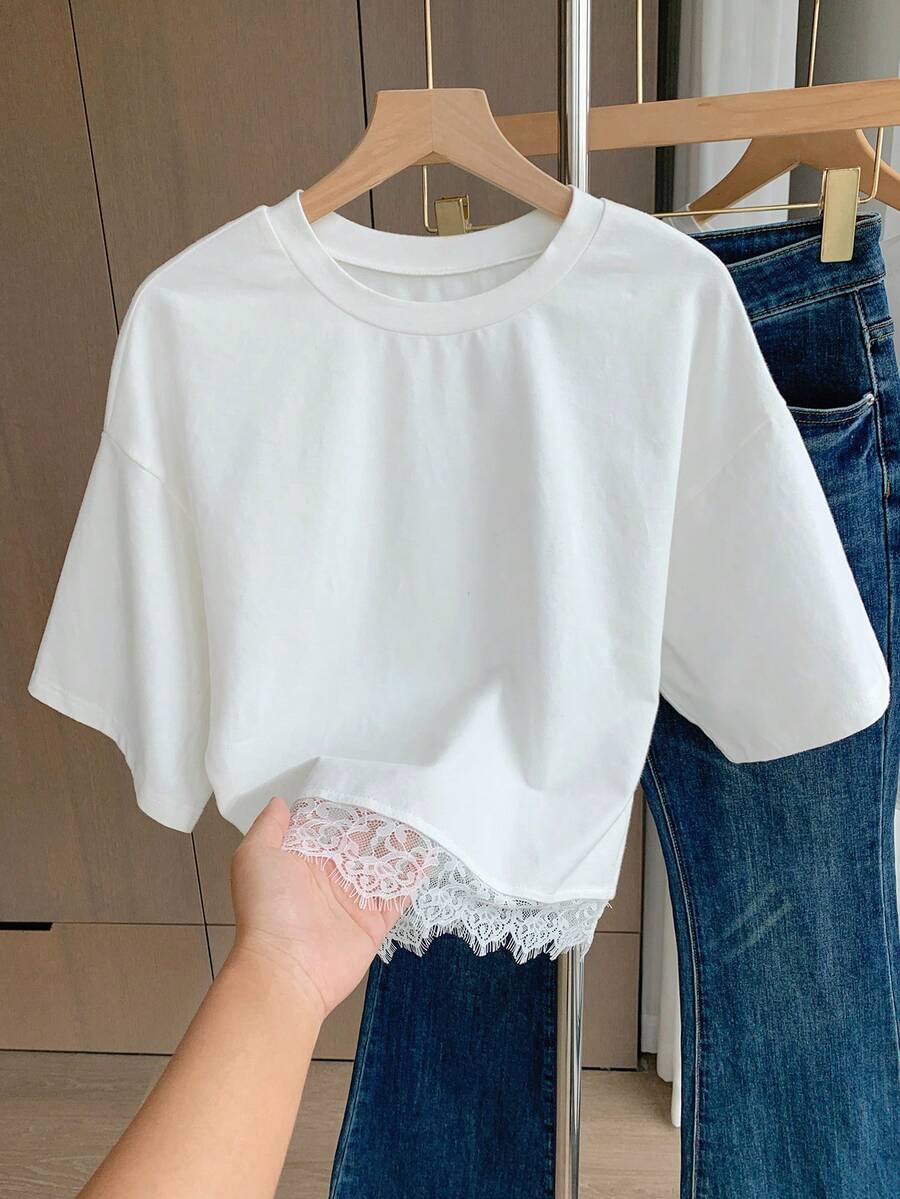 Comfortcana White Casual Elegant Women's Contrast Lace Hem T-Shirt Brunch Everyday Date Summer - Navy Blue - View 1