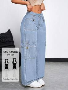 SHEIN PETITE 女款工裝口袋寬腿寬鬆休閒牛仔褲，適合嬌小女性 - 淺色水洗藍 - 查看 1
