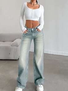 SHEIN Tall LOW RISE STRAIGHT CYT WOMEN BLUE JEANS, Tall Women - Light Wash - View 3