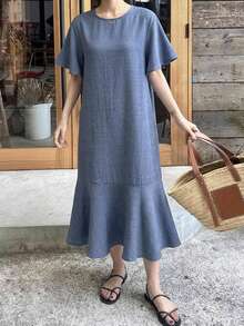 DAZY Solid Color Round Neck Ruffle Hem Mid-Length Dress For Women Summer Sun Dresses For Women - Blue - View 6