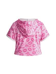 Mean Girls | ROMWE Plus Size Women Lip Print Zip Front Hoodie And Shorts Casual Outfit - Pink - View 7