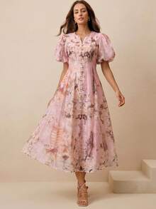 Anewsta 女士夏季连衣裙，法式复古油画印花V领花瓣袖珍珠纽扣腰A字中长连衣裙，优雅粉色连衣裙 - 粉色 - 查看 4