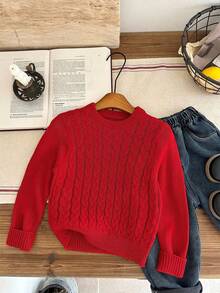 SHEIN 小男孩純色圓領休閒百搭日常穿著長袖針織衫 - 紅色 - 查看 3