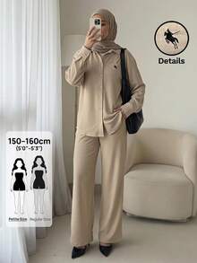 SHEIN PETITE Conjunto casual de camisa de manga larga y pantalones de caballero con bordado tejido en color albaricoque para mujeres petite - Albaricoque - Ver 8