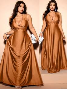 Cravure Plus Size Women's Knit Sleeveless Elegant Sexy Brown Dress Twisted V-Neck Glossy Finish Cinched Waist Evening Party Formal Wedding Summer Thanksgiving - Brown - View 5