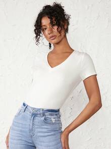 SHEIN BASICS Women Solid V-Neck Short Sleeve Casual Top, Everyday Wear Tops For Women White Tops - White - View 4